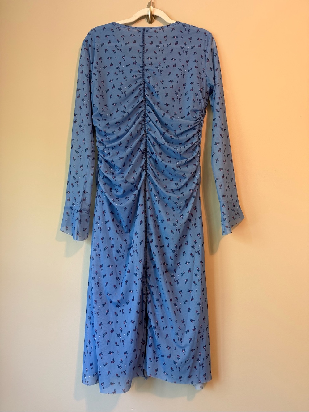 Baum und Pferdgarten “Janis” Blue Mini Rose Mesh Ruched Midi Dress Sz L VGUC - Picture 2 of 4